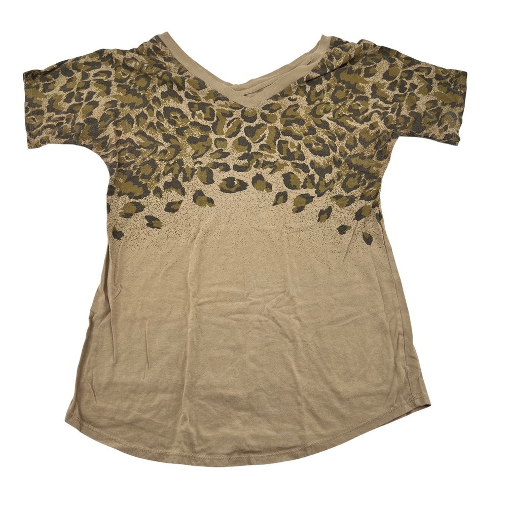 New York & Company Leopard Print Ombre V-Neck Tee Tan Olive Green Small